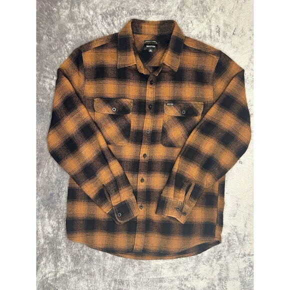 Brixton Bowery Flannel Shirt Medium Black Orange Plaid Standard Fit Long Sleeve - Picture 1 of 9